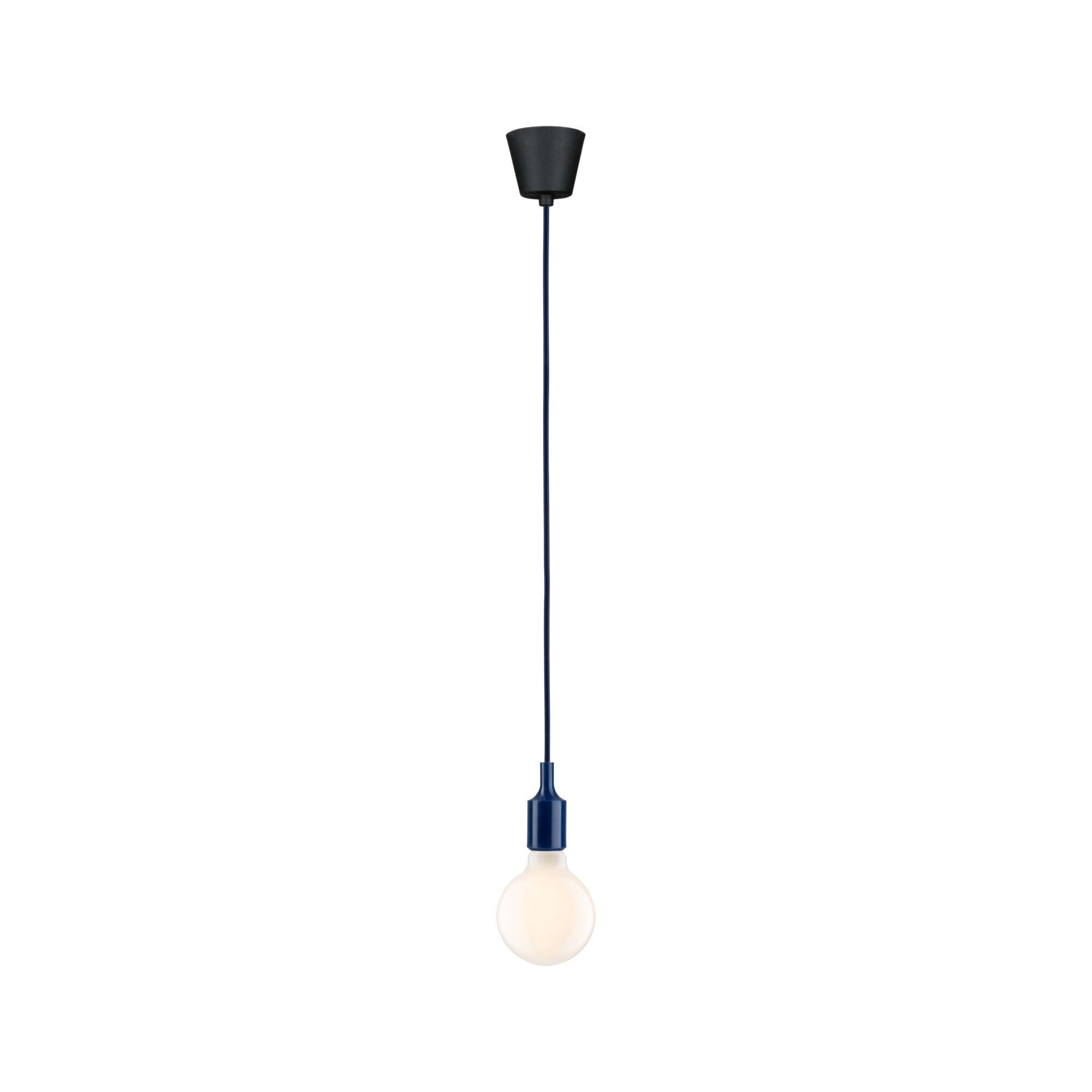 Minimalistische Pendelleuchte mit blauem Kabel und weißer Glühbirne für moderne Wohnräume