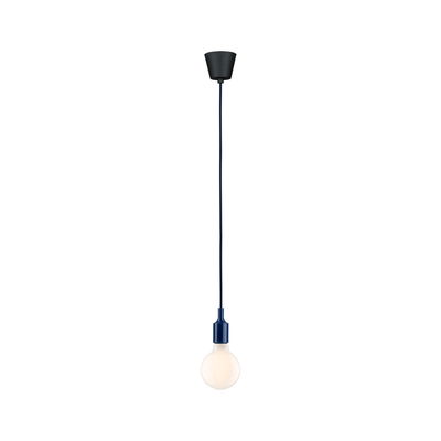 Minimalistische Pendelleuchte mit blauem Kabel und weißer Glühbirne für moderne Wohnräume