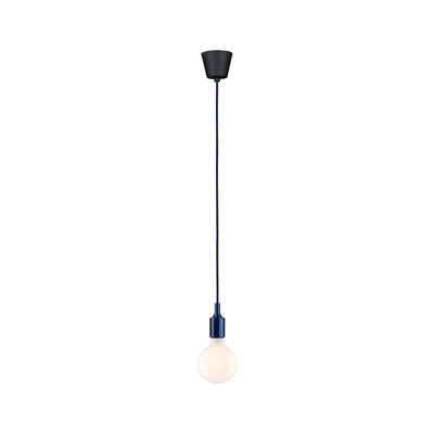 Minimalistische Pendelleuchte mit blauem Kabel und weißer Glühbirne für moderne Wohnräume