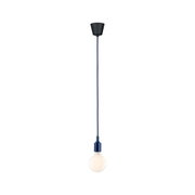 Minimalistische Pendelleuchte mit blauem Kabel und weißer Glühbirne für moderne Wohnräume