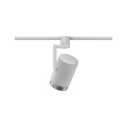 Moderner weißer LED-Spot aus Metall an Schienensystem für flexible Beleuchtung