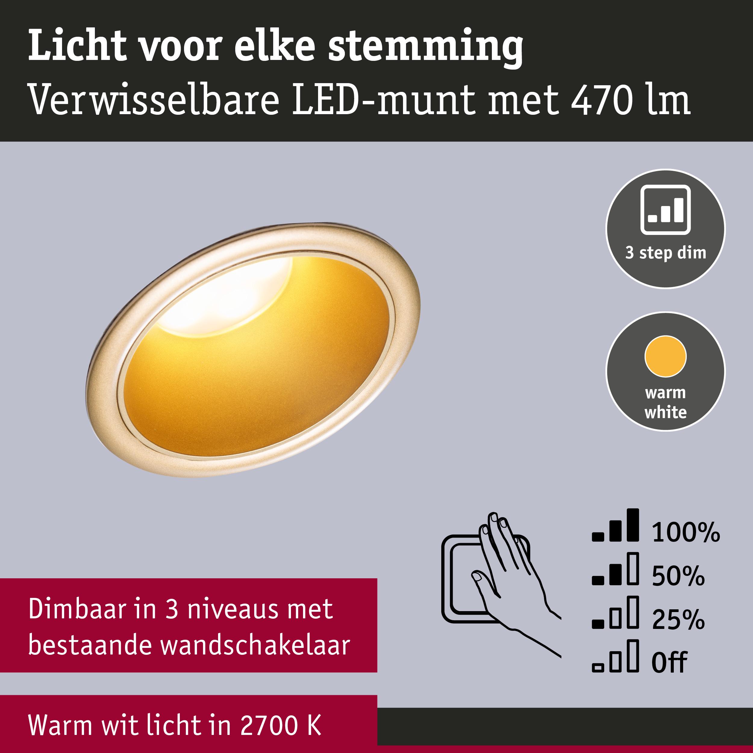 Warmwitte LED-inbouwspot met 470 lumen en 3-traps dimfunctie voor wandlichtschakelaar
