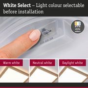 Finger adjusting white light colour on LED ceiling light with wooden frame, dimmable and selectable