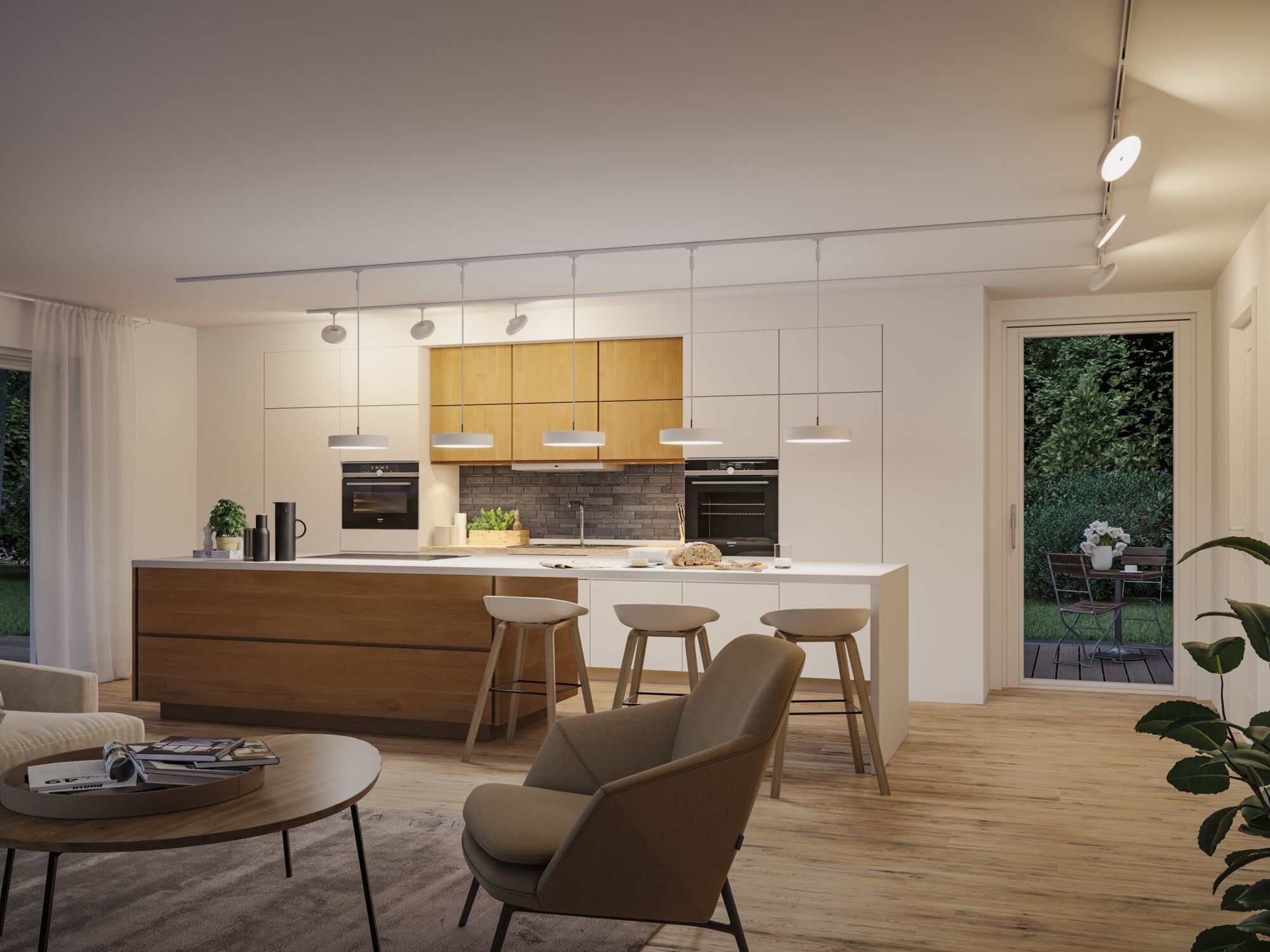 Moderne Küche mit weißen Hängelampen aus Metall und Holzfronten, stilvolle LED-Deckenbeleuchtung