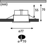 Teknisk tegning af indbygningsbelysningssystem med 77 mm diameter og 70 mm udskæringsmål.