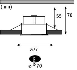 Teknisk tegning af indbygningsbelysningssystem med 77 mm diameter og 70 mm udskæringsmål.