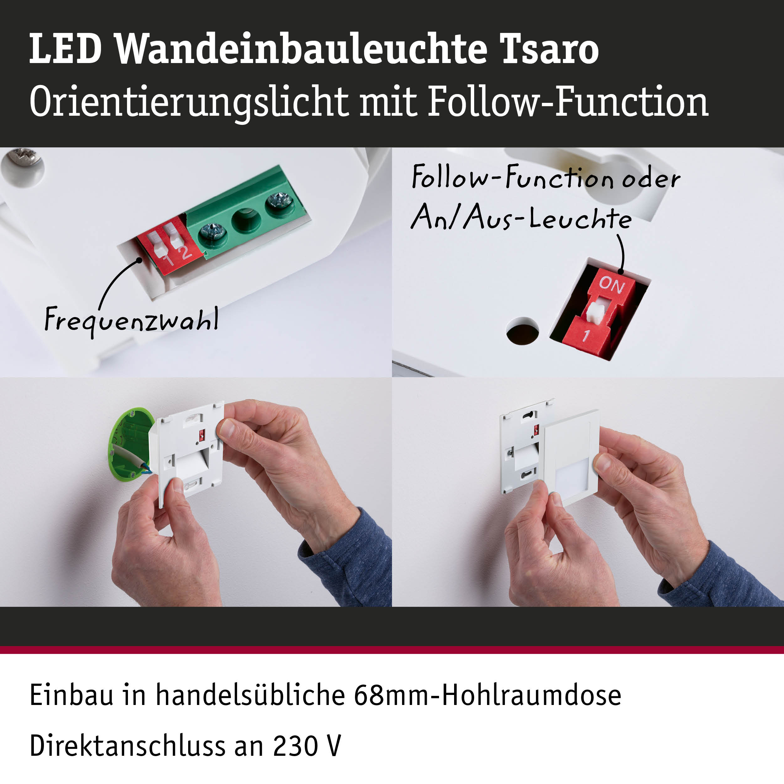 LED Wandeinbauleuchte Tsaro in Weiß mit Follow-Funktion und Frequenzwahl für Wandmontage