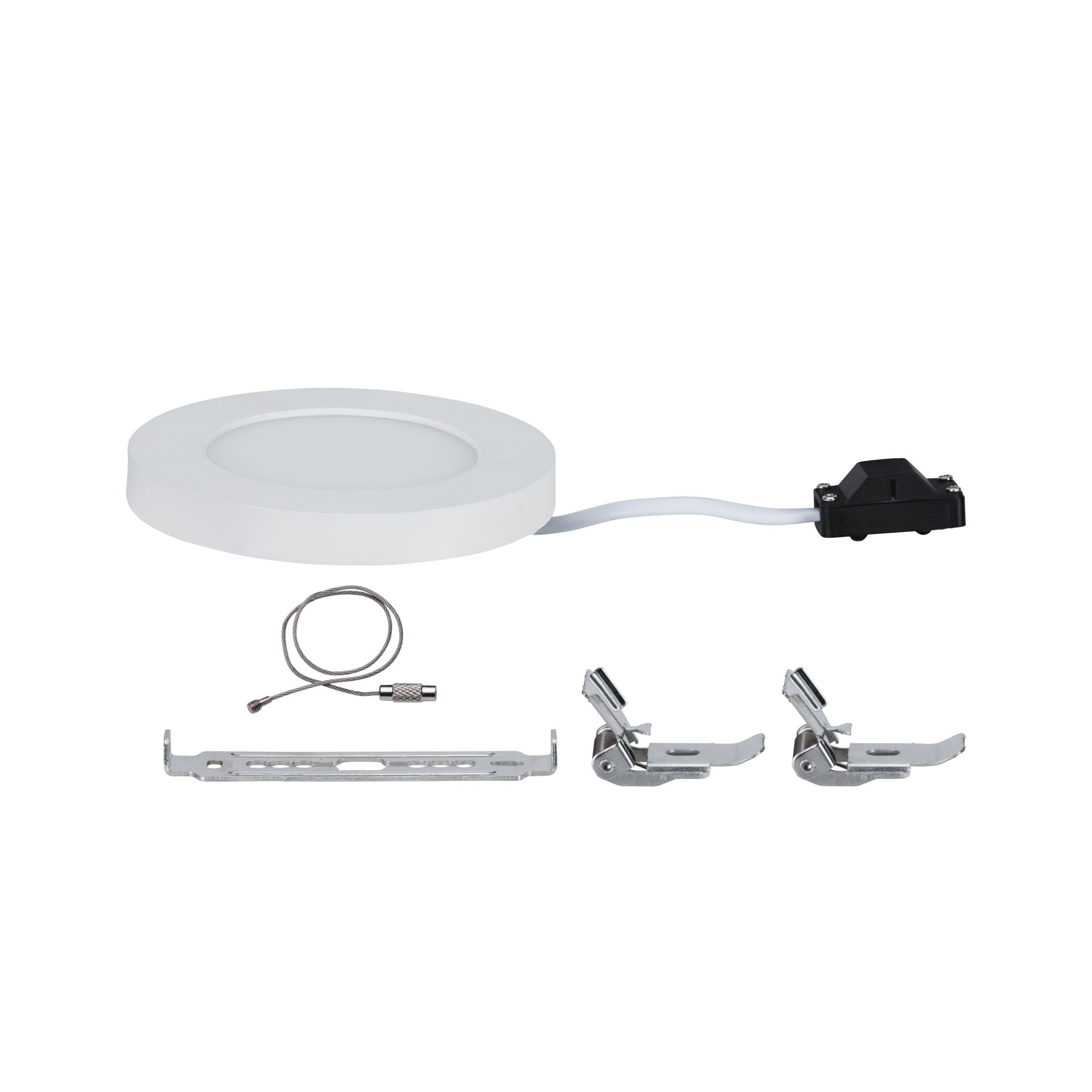 Round white LED recessed panel with metal mounting accessories and cable for modern lighting