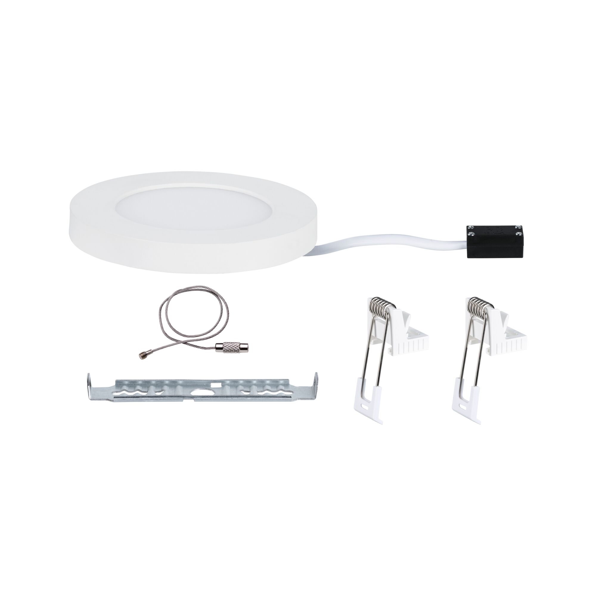 Round white LED recessed panel with metal mounting accessories and cable for modern lighting