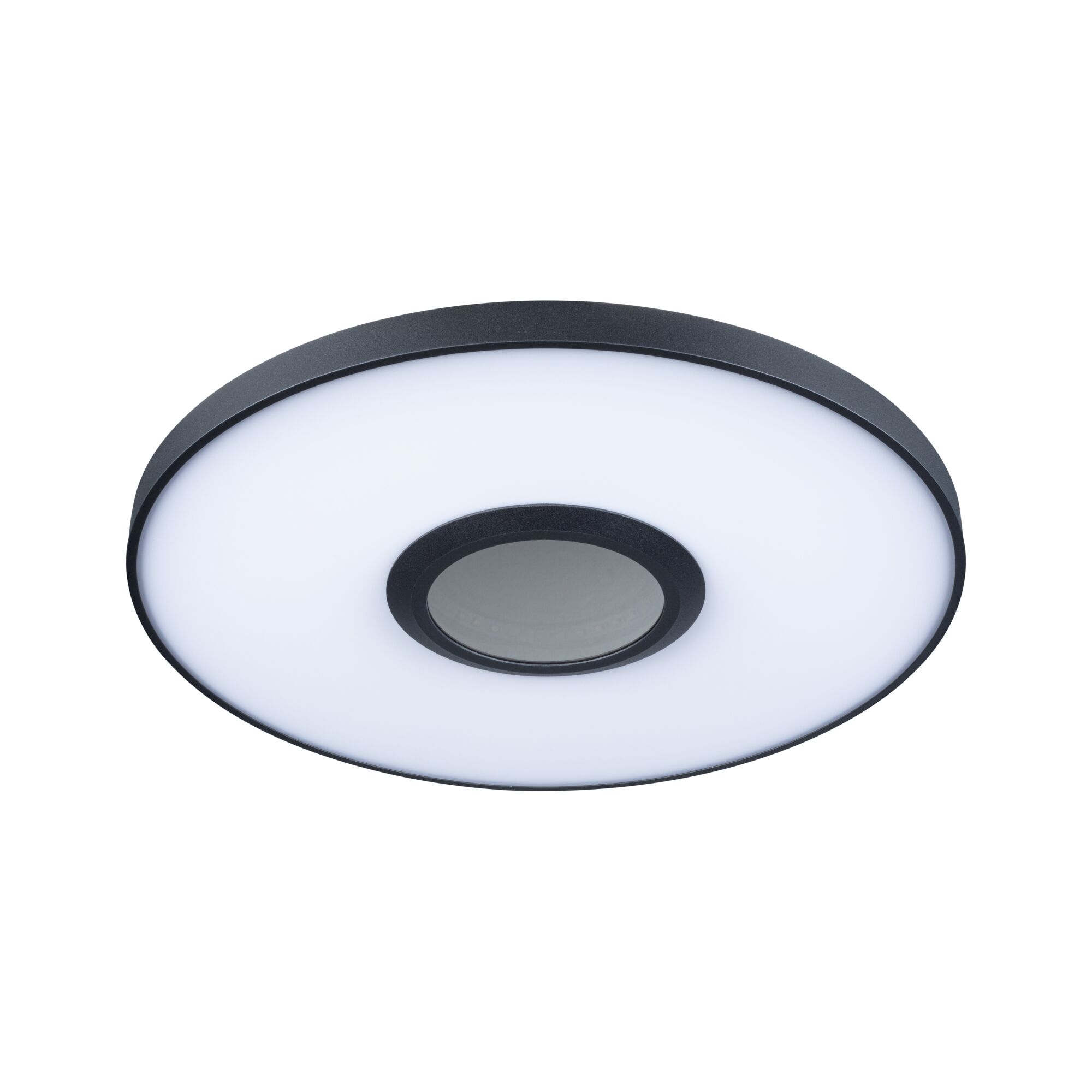 Round LED ceiling light with black metal frame and white diffuser for modern room lighting