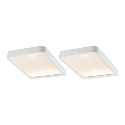 Twee witte vierkante LED-plafondlampen met aluminium frame en warm wit licht voor woonruimtes