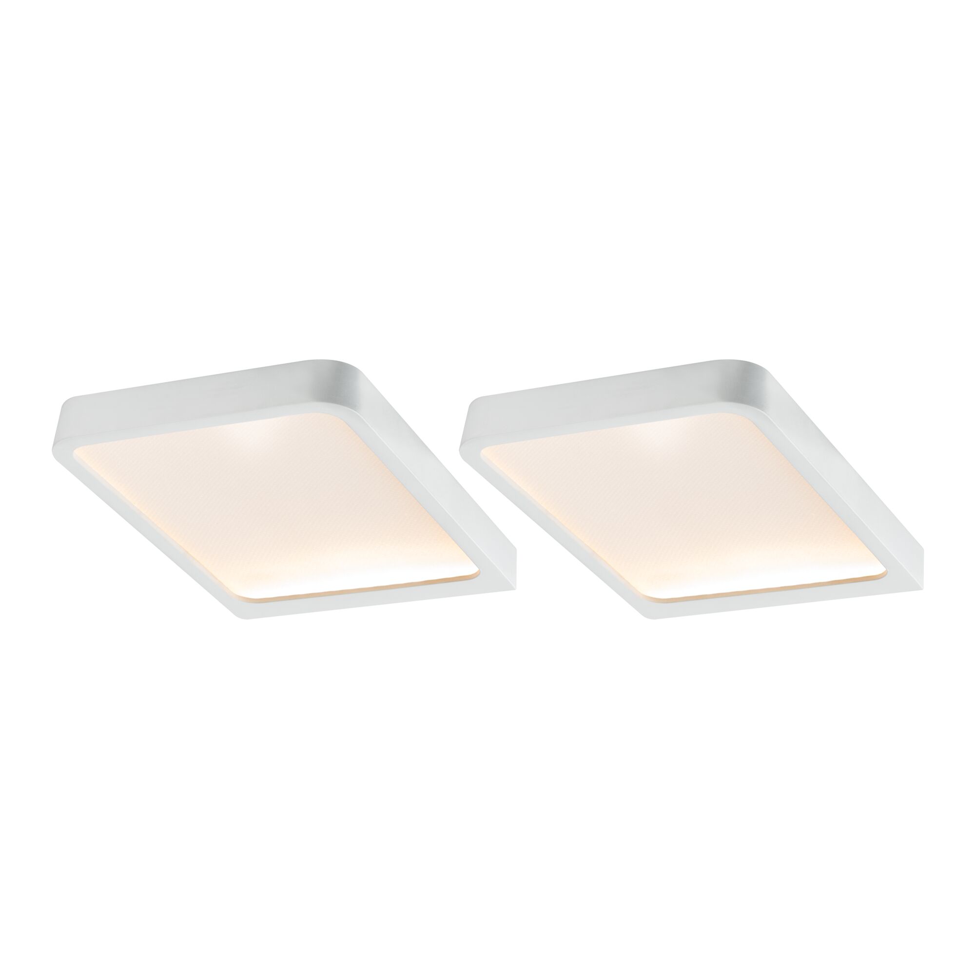 Twee witte vierkante LED-plafondlampen met aluminium frame en warm wit licht voor woonruimtes