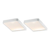 Twee witte vierkante LED-plafondlampen met aluminium frame en warm wit licht voor woonruimtes