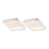 Twee witte vierkante LED-plafondlampen met aluminium frame en warm wit licht voor woonruimtes