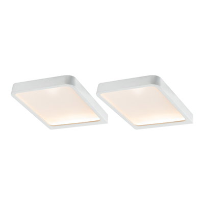 Twee witte vierkante LED-plafondlampen met aluminium frame en warm wit licht voor woonruimtes