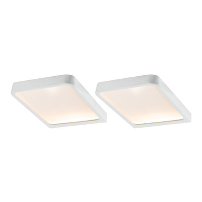Two white square LED ceiling lights with aluminum frame and warm white light for living spaces