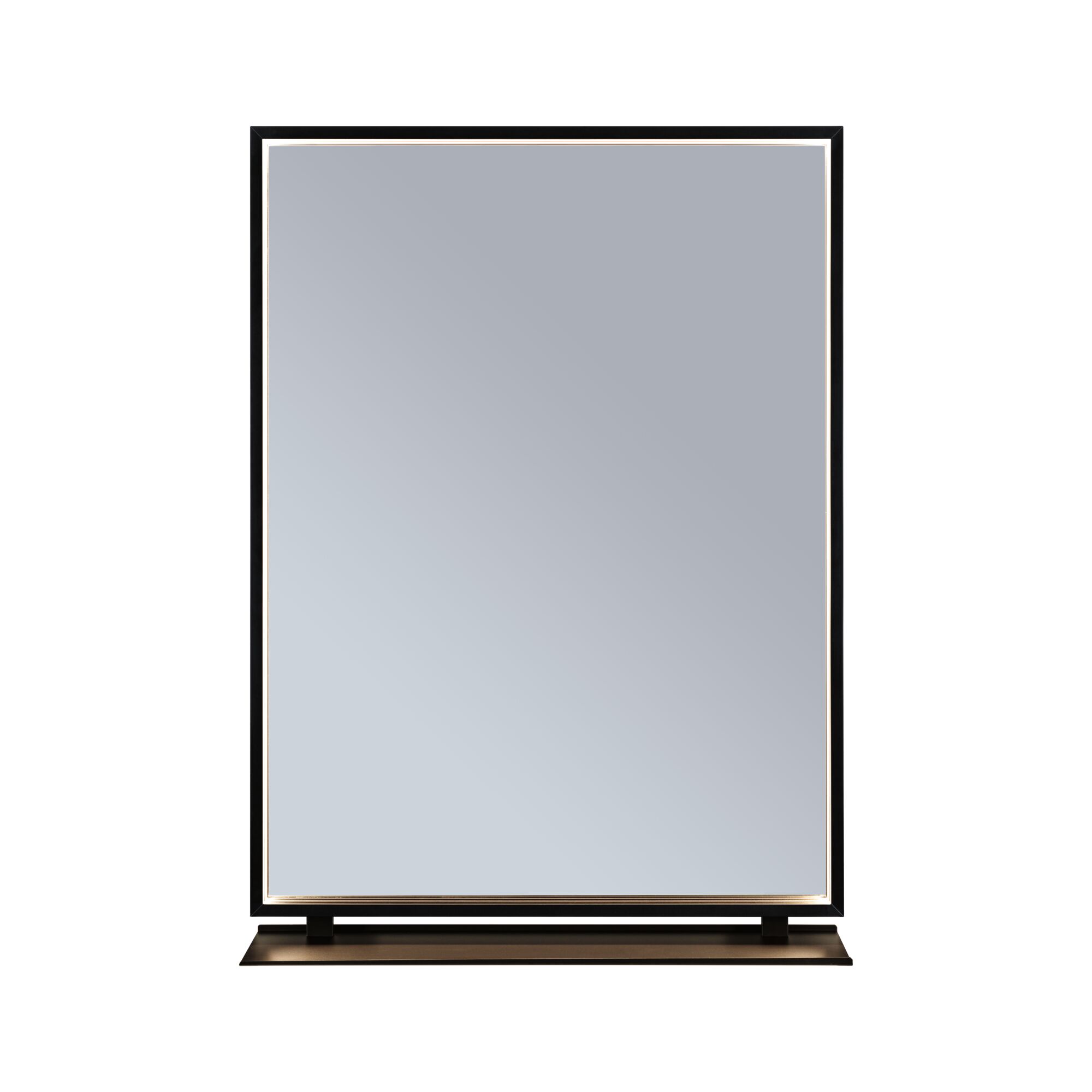 Modern rectangular mirror with black metal frame and shelf for bathroom or hallway