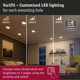 VariFit LED ceiling lights with adjustable colour temperature 2000K to 4000K and 3-step dimming via wall switch