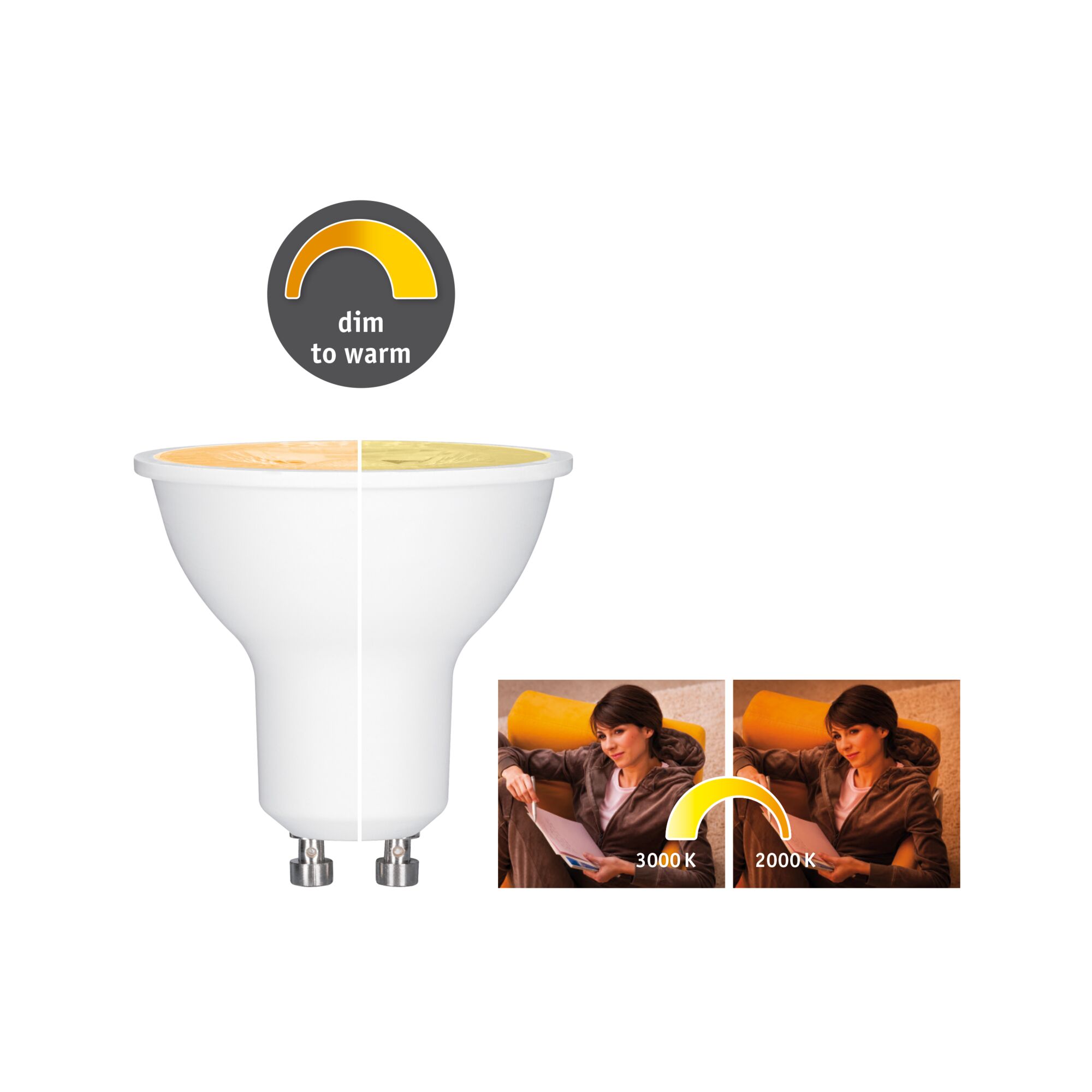Standard 230V LED odbłyśnik gu10 350lm 6W Dim to warm ściemnialny Biały White GU10 LED bulb with dim-to-warm feature providing warm light from 3000K to 2000K.