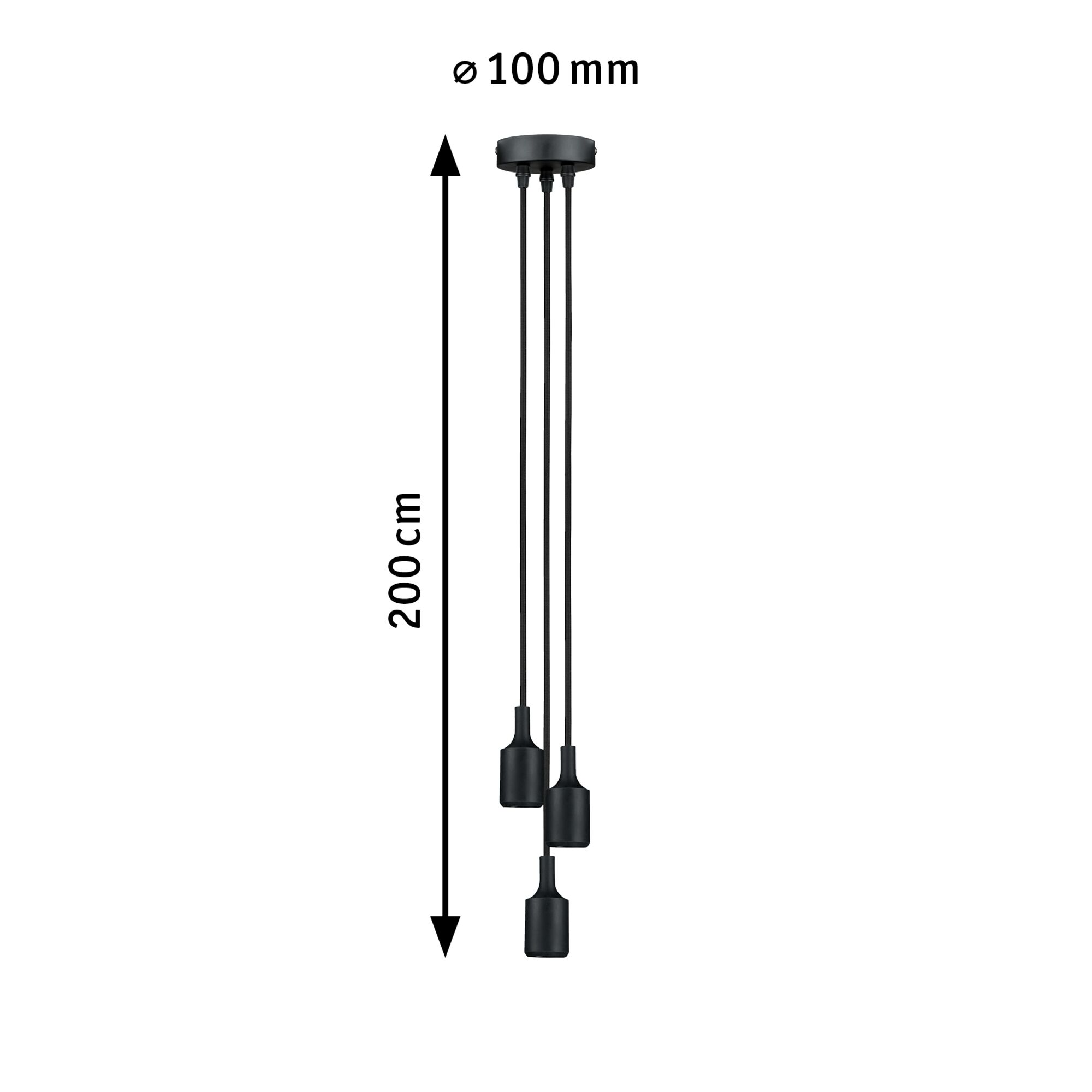 Black pendant light with three cords, 200 cm length and 100 mm ceiling mount, modern LED lamp