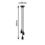 Black pendant light with three cords, 200 cm length and 100 mm ceiling mount, modern LED lamp