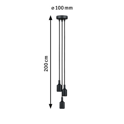 Black pendant light with three cords, 200 cm length and 100 mm ceiling mount, modern LED lamp