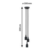 Black pendant light with three cords, 200 cm length and 100 mm ceiling mount, modern LED lamp