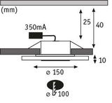 Technische tekening van LED-inbouwspot met 150 mm diameter en 350 mA stroomsterkte.