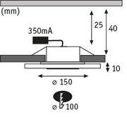 Technische Zeichnung eines LED-Einbaustrahler mit 150 mm Durchmesser und 350 mA Stromstärke.