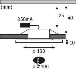 Technische Zeichnung eines LED-Einbaustrahler mit 150 mm Durchmesser und 350 mA Stromstärke.