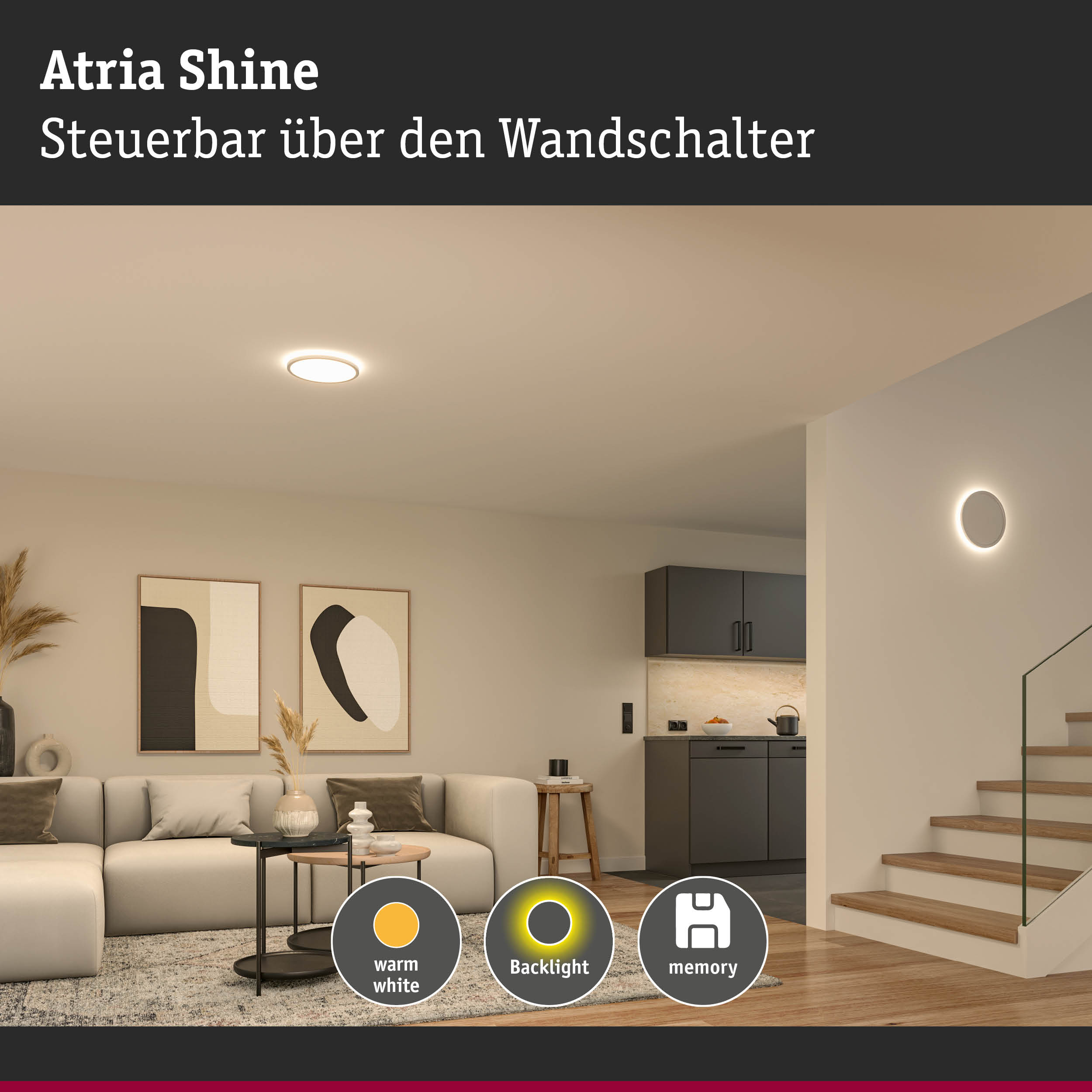 Atria Shine Deckenleuchte in Weiß mit warmweißem Licht und Backlight-Funktion im modernen Wohnzimmer