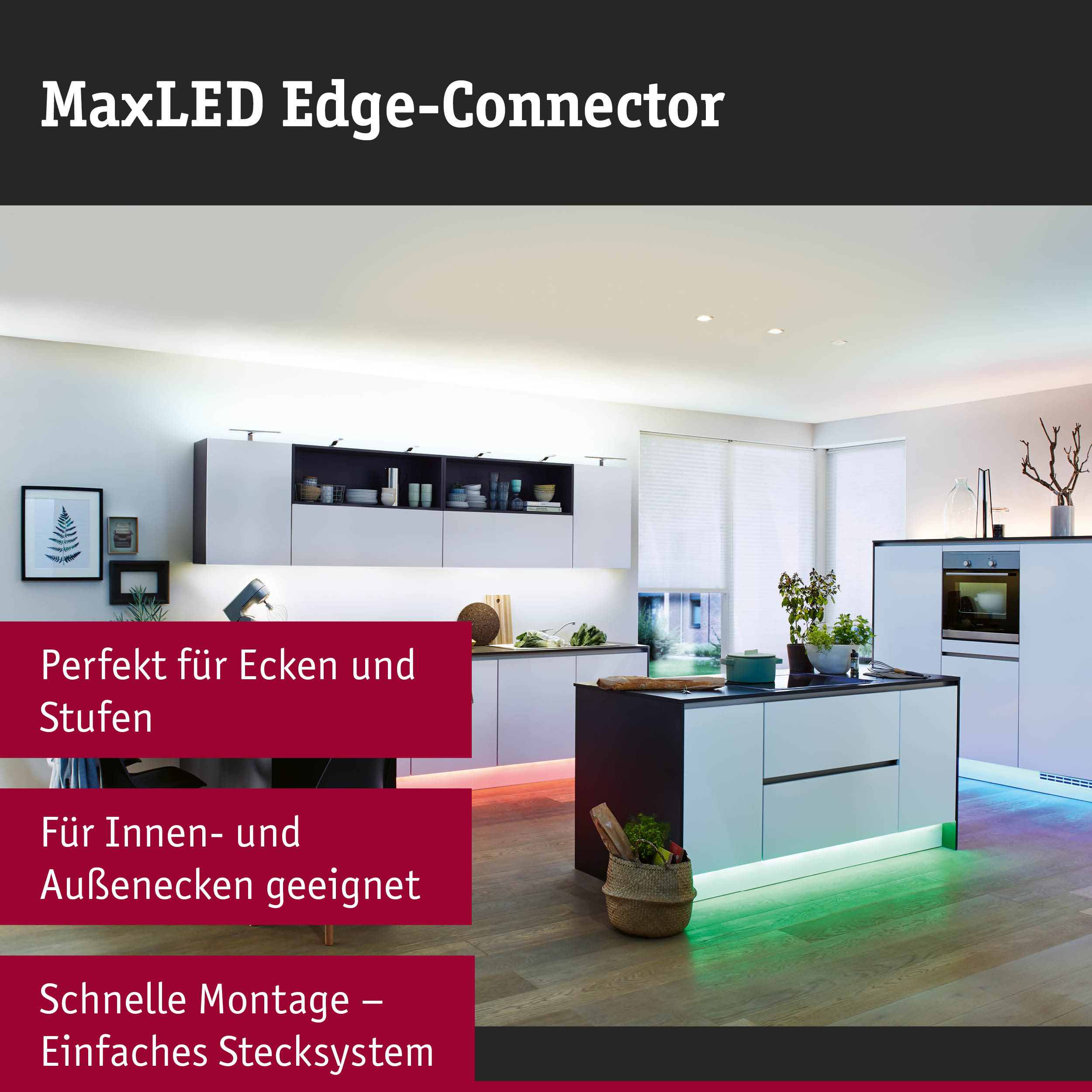 Moderne Küche mit MaxLED Edge-Connector Beleuchtung und farbigem LED-Licht unter der Kücheninsel