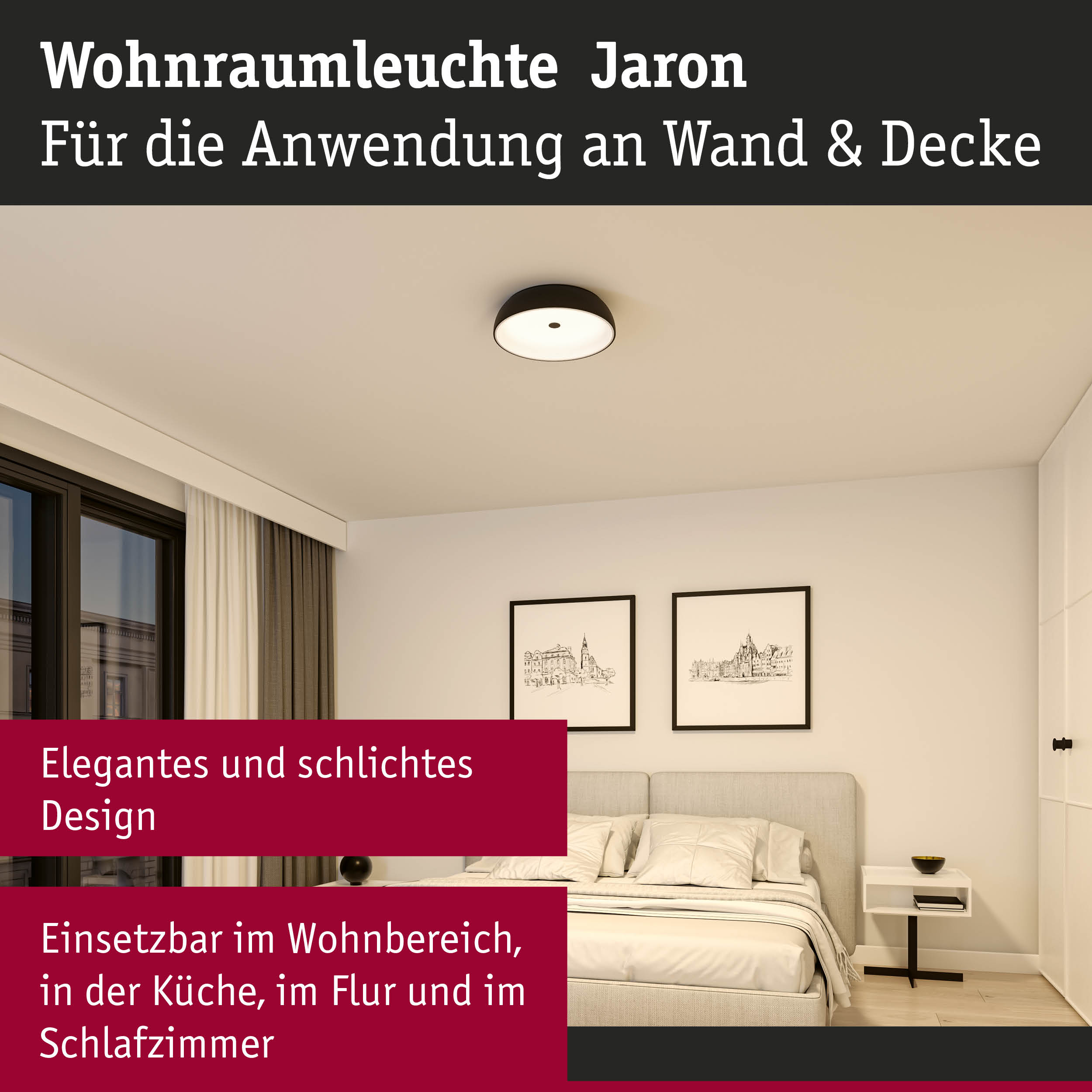 Wohnraumleuchte Jaron mit schwarzem Rahmen und weißem Diffusor, Deckenleuchte für Wohnbereich und Schlafzimmer