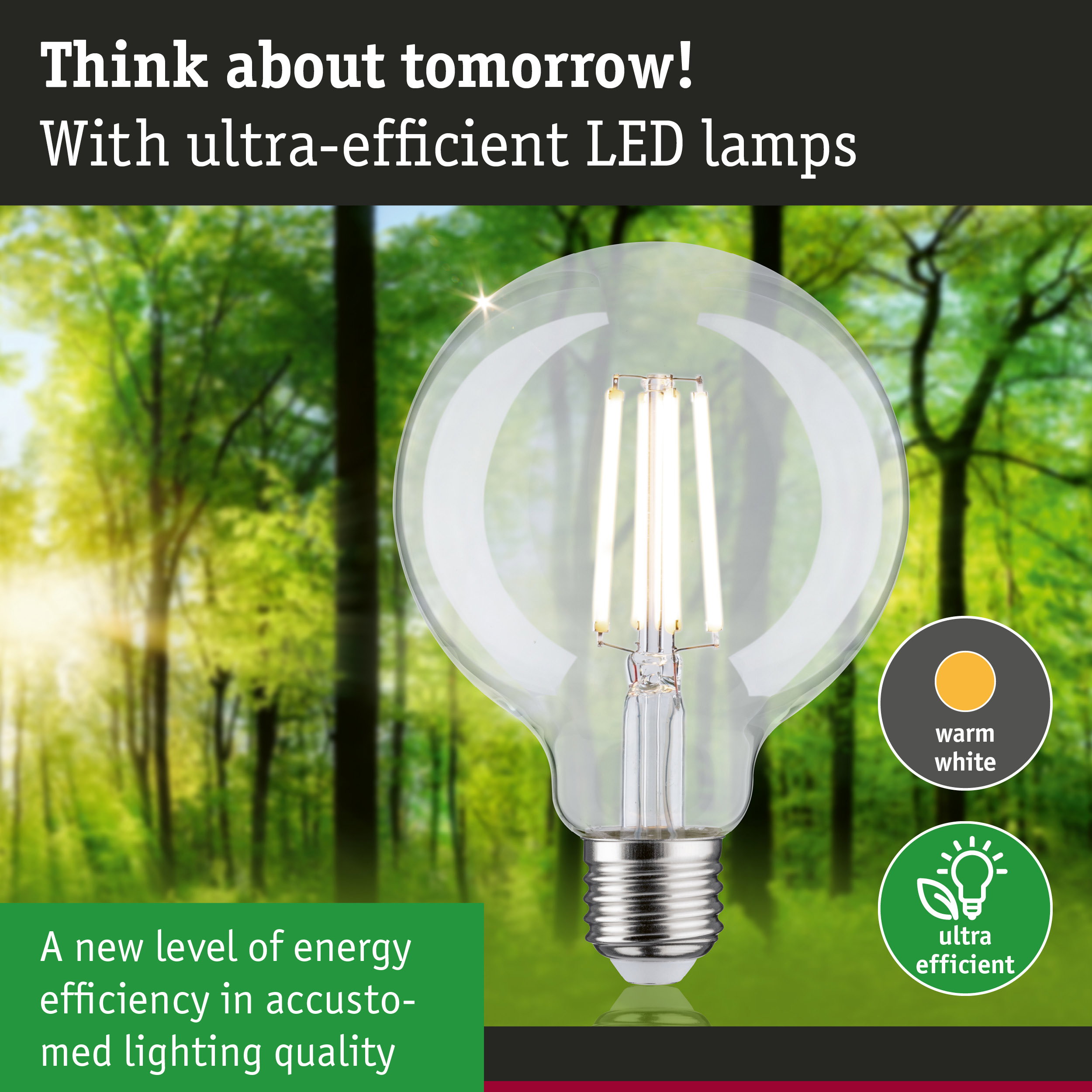Clear LED bulb with warm white light and ultra-efficient energy use against a green forest background