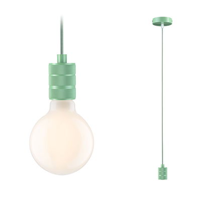 Green pendant lamp with fabric cable and round bulb, ideal for modern interior lighting