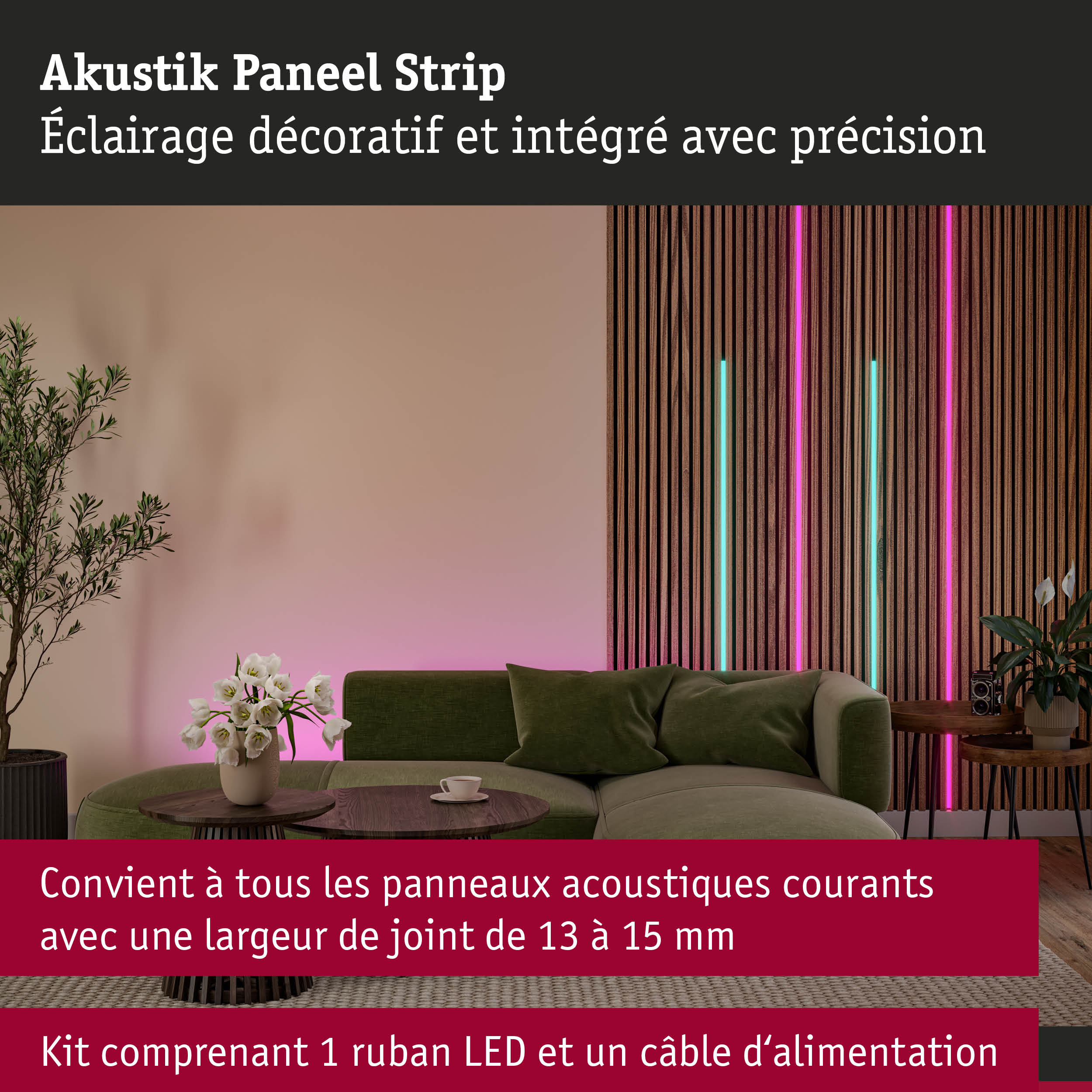 Bandeau acoustique avec éclairage LED intégré finition bois pour décoration murale moderne