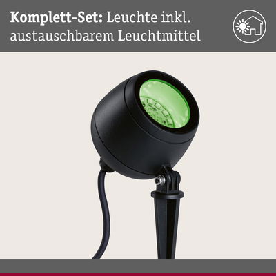 Schwarze LED-Gartenleuchte mit grünem Reflektor und Erdspieß, inklusive austauschbarem Leuchtmittel