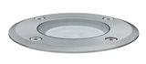 Round stainless steel recessed light housing with glass cover and four screws for outdoor lighting