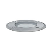 Round stainless steel recessed light housing with glass cover and four screws for outdoor lighting