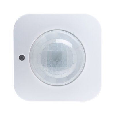 White square motion sensor with round lens for smart lighting control