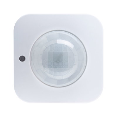 White square motion sensor with round lens for smart lighting control