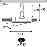 Technische Zeichnung eines Einbaustrahler mit 93 mm Durchmesser und 30 Grad Neigung, elektrische Anschlussdetails.