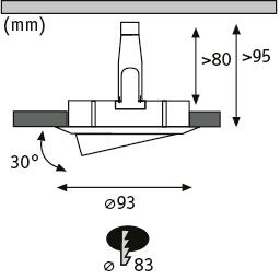 Technical drawing of recessed spotlight with 93 mm diameter and 30-degree tilt, showing electrical connection details.