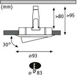 Technical drawing of recessed spotlight with 93 mm diameter and 30-degree tilt, showing electrical connection details.