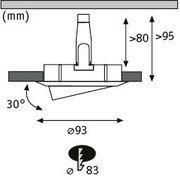 Dessin technique d'un spot encastré de 93 mm de diamètre et inclinaison de 30 degrés, détails de connexion électrique.