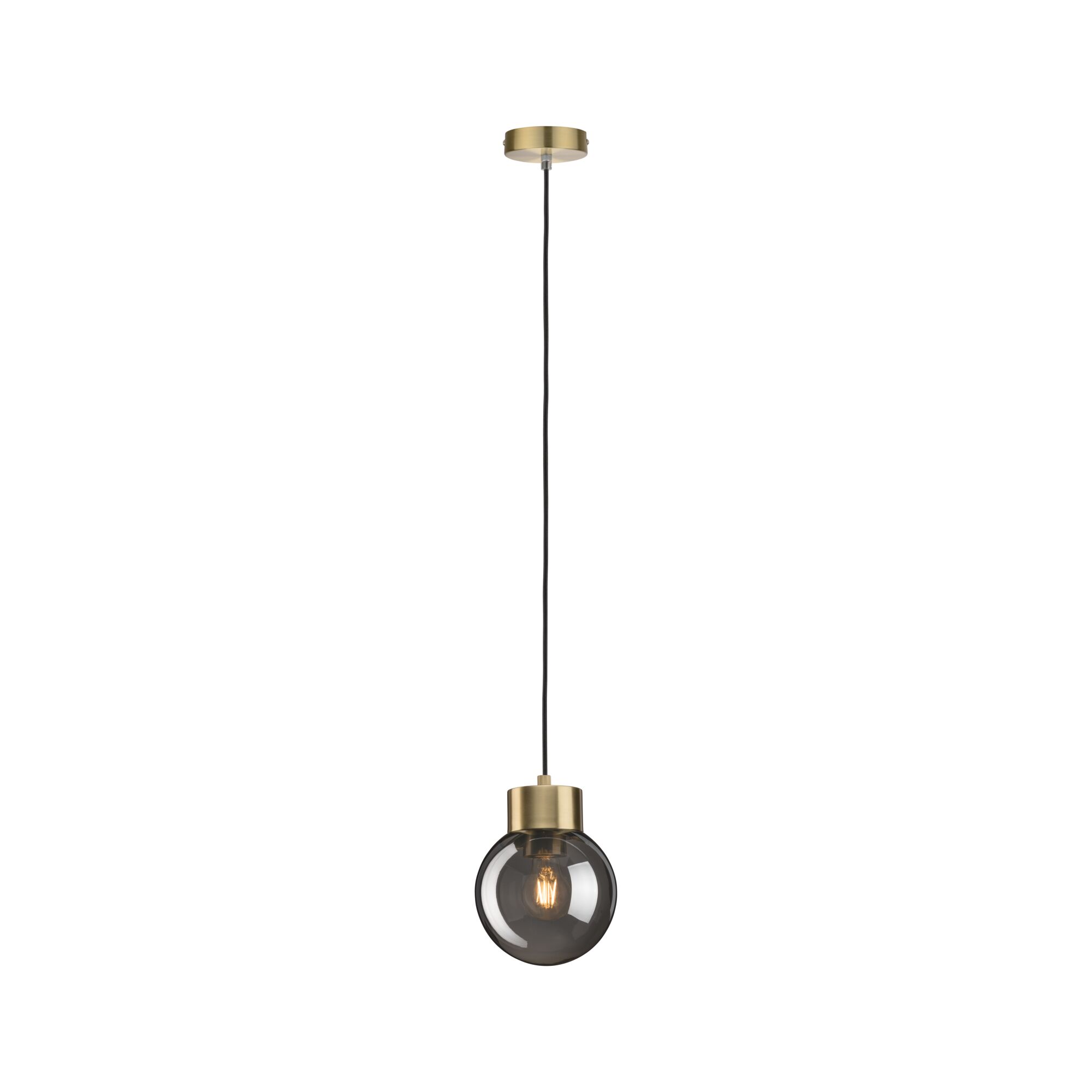 Pendant lamp with smoked glass and brass metal for stylish LED lighting in modern interiors.