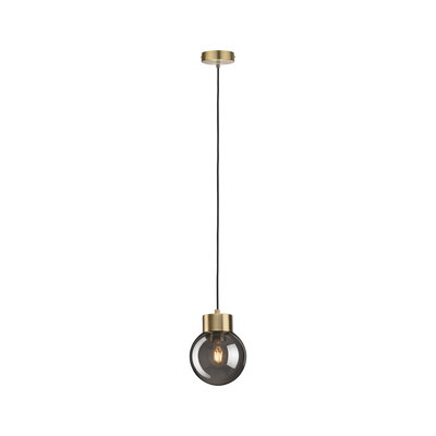 Hängelampe mit rauchgrauem Glas und messingfarbenem Metall für stilvolle LED-Beleuchtung.