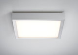 Square aluminum-colored LED ceiling light with warm white illumination for modern interiors