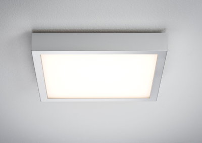 Square aluminum-colored LED ceiling light with warm white illumination for modern interiors