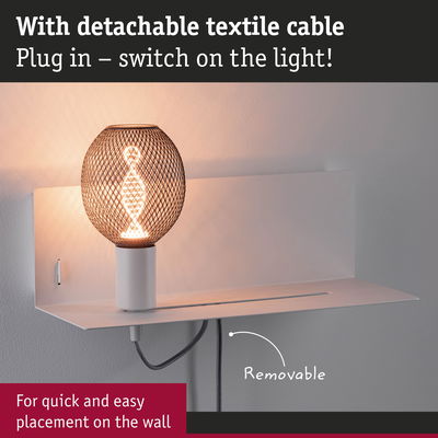 Wall lamp with detachable textile cable and black metal mesh for easy mounting and warm lighting